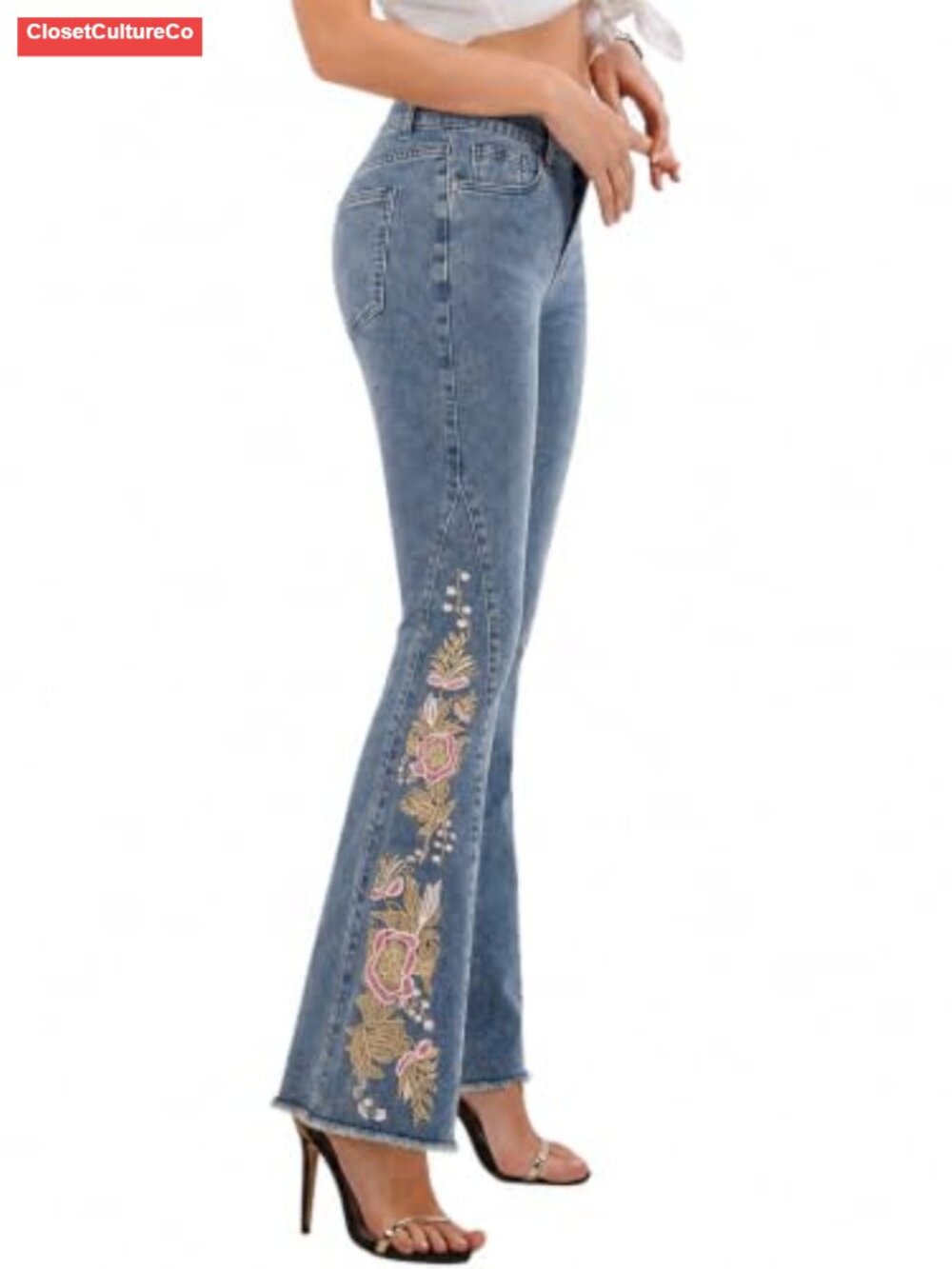 Floral Embroidered Flare Jeans High Rise Stretch Denim Raw Hem